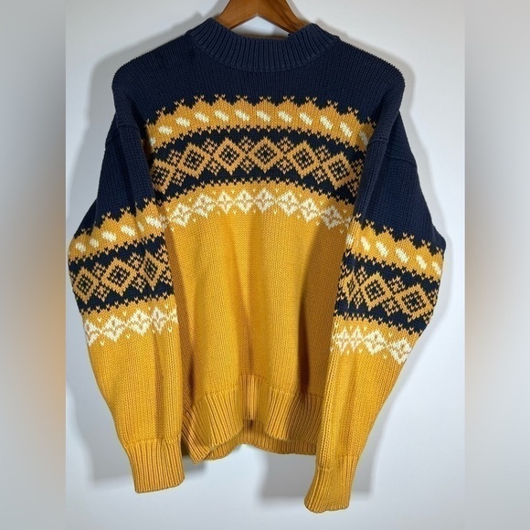 Vintage 90s Gap yellow blue fair isle cotton chunky fisherman sweater sz M - Picture 1 of 7